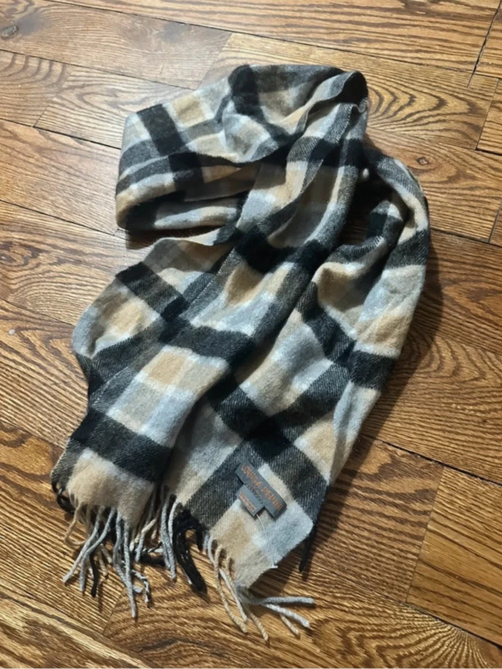 Men's Plaid Fringe Scarf in Beige, Black and Gray